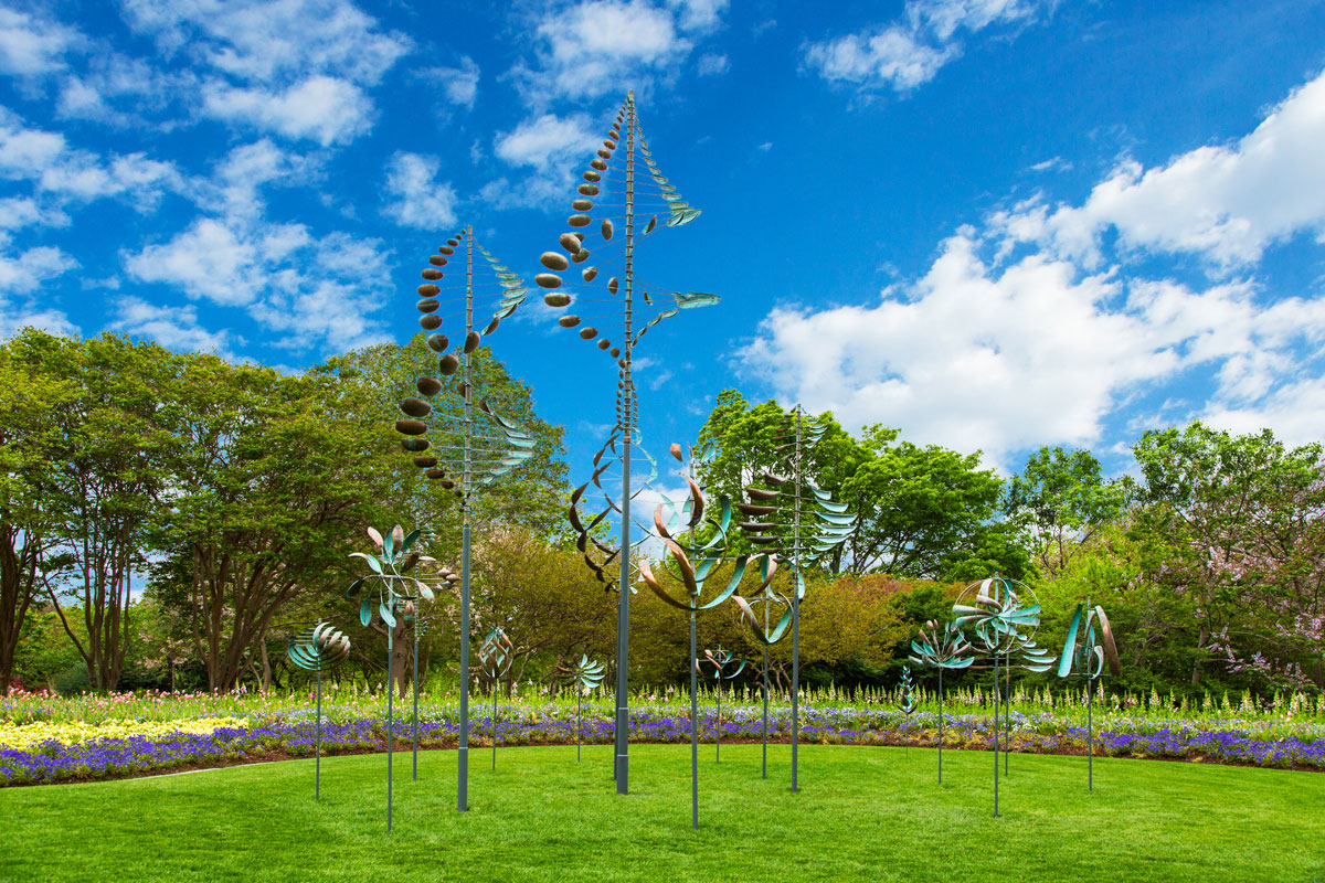An installation of Lyman Whitaker’s kinetic art in the Dallas Arboretum. An installation will come to the Navy Yard in the spring of 2020. 